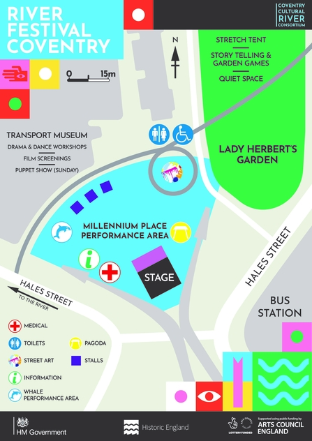 A site map for River Festival 2023, showing the millennium place performance area, lady herberts garden, coventry transport museum and the locations of facilities.