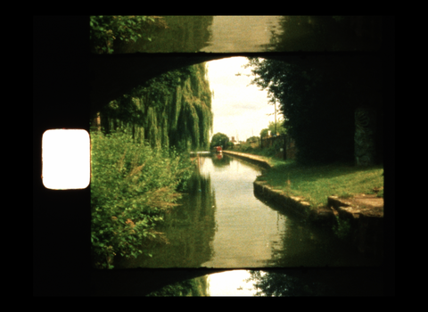 A screenshot of a film, showing a lush green river.