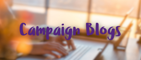 photo of person writing on a laptop with purple text 'campaign blogs'