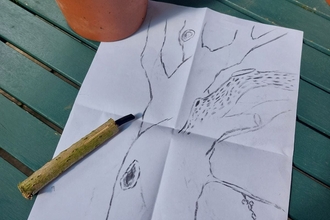 Image of a charcoal drawing of a tree on a table with a plant in a pot and a charcoal pencil