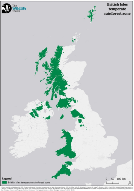 A map showing temperate rainforest zones in the British Isles 