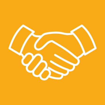 Image of a hand shake graphic with a white outline and orange background